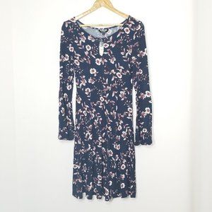 George NEW Blue Burgundy Floral Print A-Line Long Bell Sleeve Dress Size XS NWT